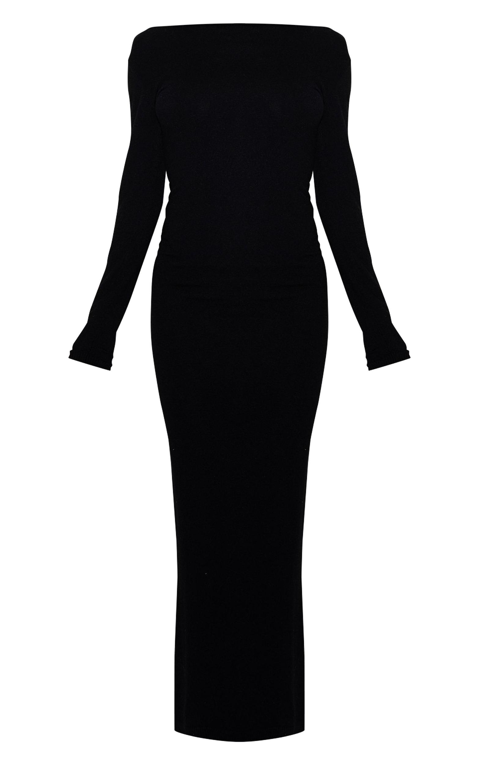 Black Basic Knit Asymmetric Neckline Long Sleeve Maxi Dress Product Image
