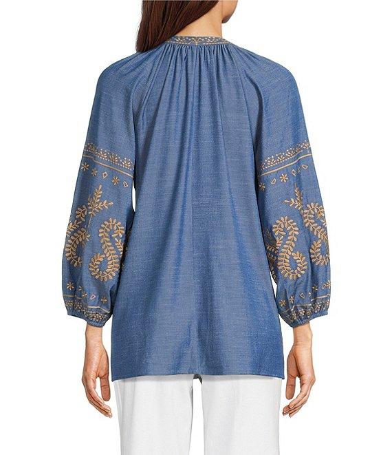 Calessa Embroidered Chambray Split V-Neck Bracelet Sleeve Tunic Product Image
