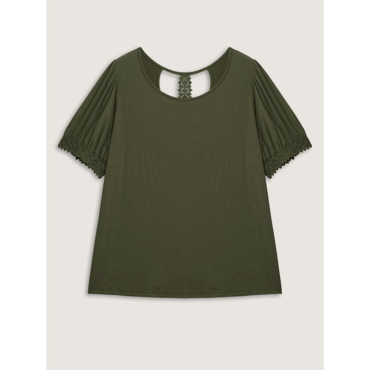 Plus Size Floral Lace Back Trim T-Shirt ArmyGreen Women Leisure Backless Round Neck Casual T-shirts BloomChic 14-16/1X Product Image