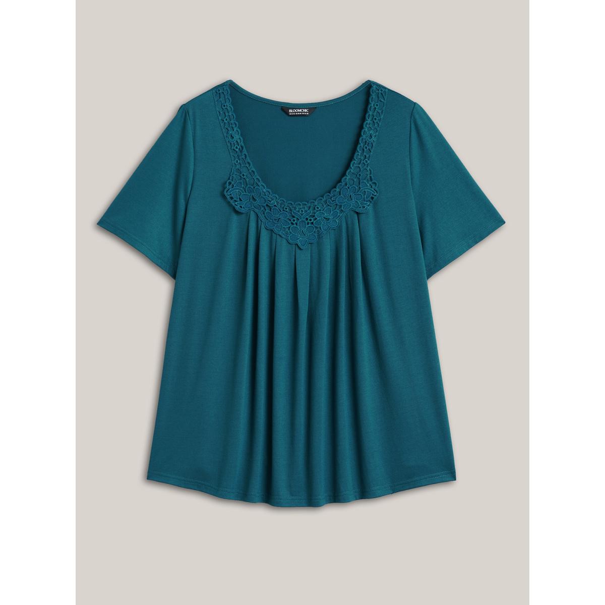 Plus Size Lace Trim Pleated Round Neck T-Shirt Cyan Women Leisure Woven ribbon&lace trim Lace collar Casual T-shirts BloomChic 12/L Product Image