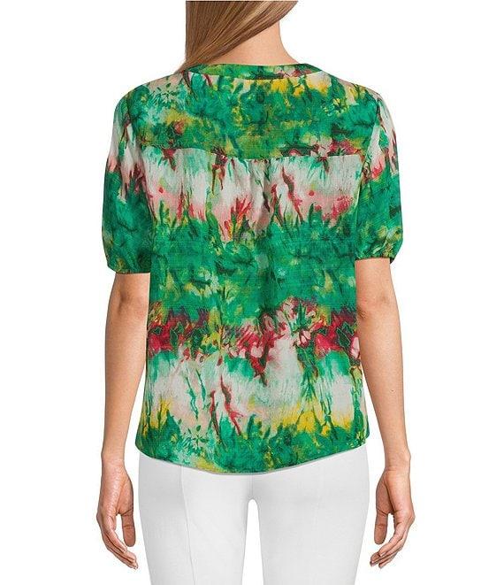 Slim Factor By Investments Julia Simply Green Multi Tie Dye Print V-Neck Short Sleeve Top Product Image