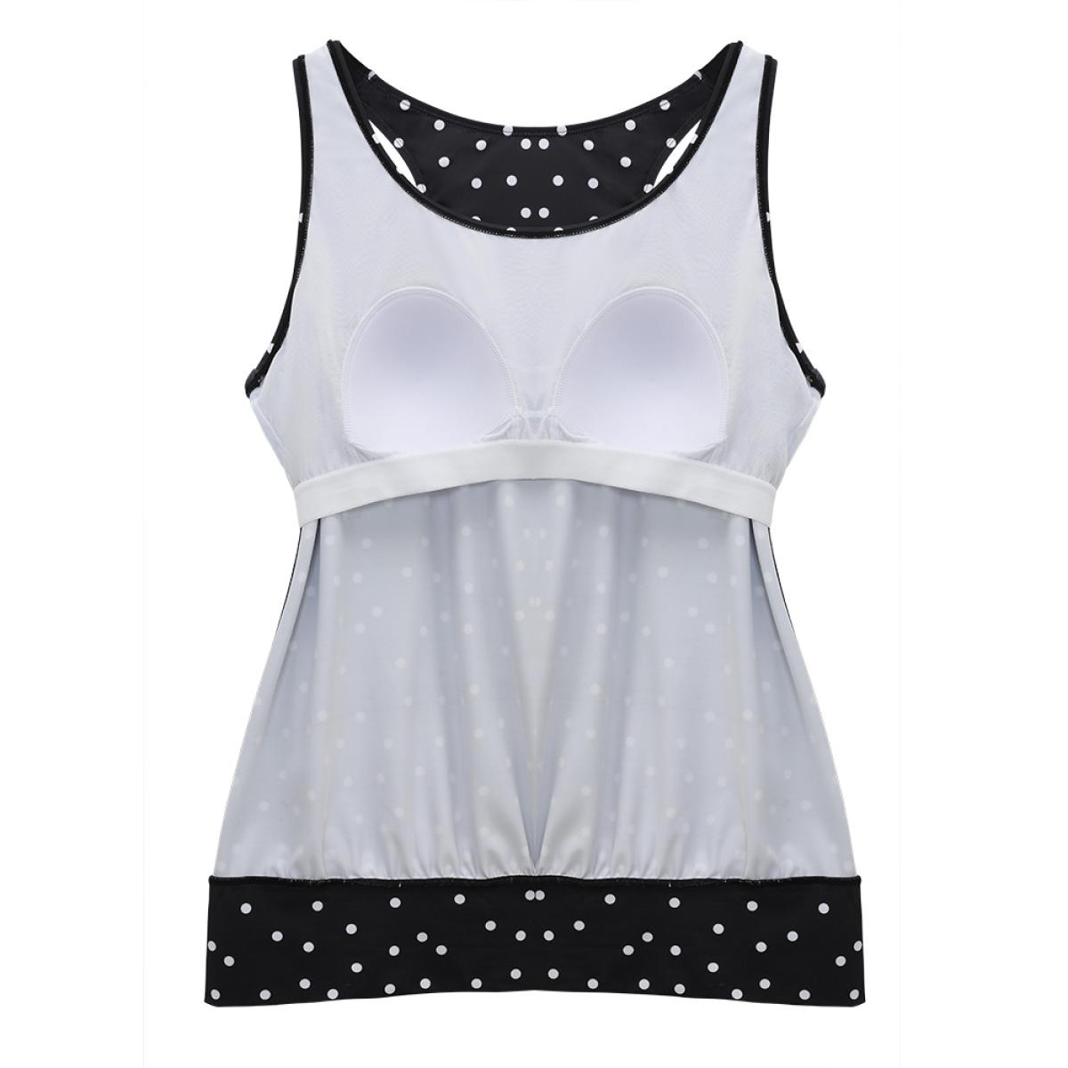 Plus Size Polka Dot Sleeveless Tankini Top Women's Swimwear Black Vacation Printed High stretch Round Neck Curve Swim Tops BloomChic 26/4X Product Image