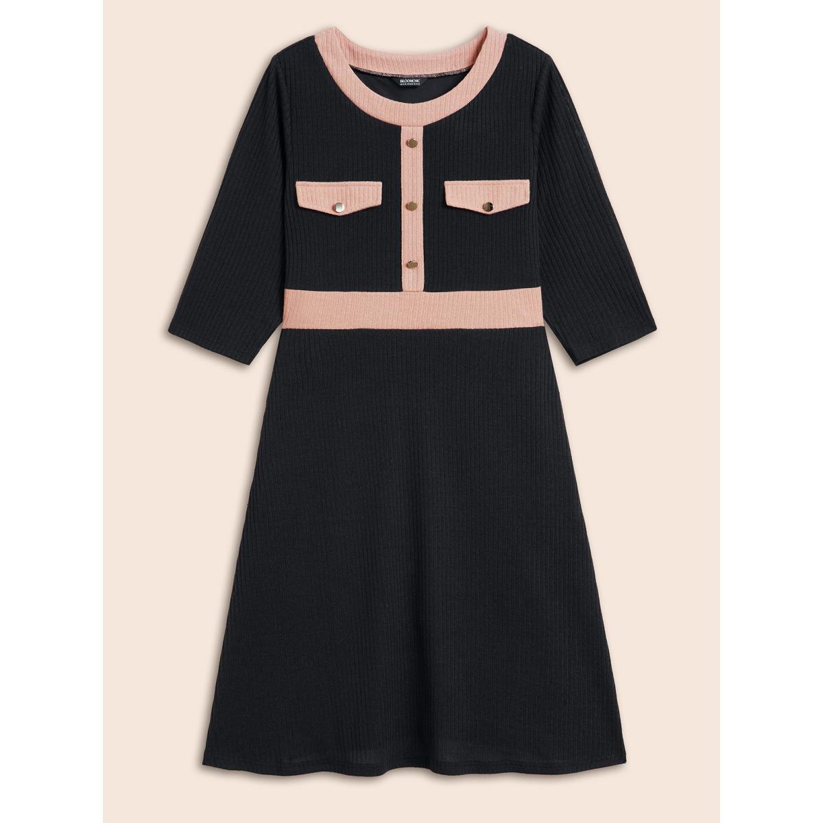 Plus Size Contrast Texture Metal Detail Midi Dress Black Women Elegant Texture Round Neck Elbow-length sleeve Curvy BloomChic 14-16/1X Product Image