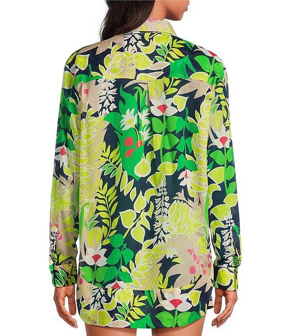 Trina Turk Coordinating Swing Tropical Printed Point Collar Elbow Sleeve Button Front Blouse Product Image