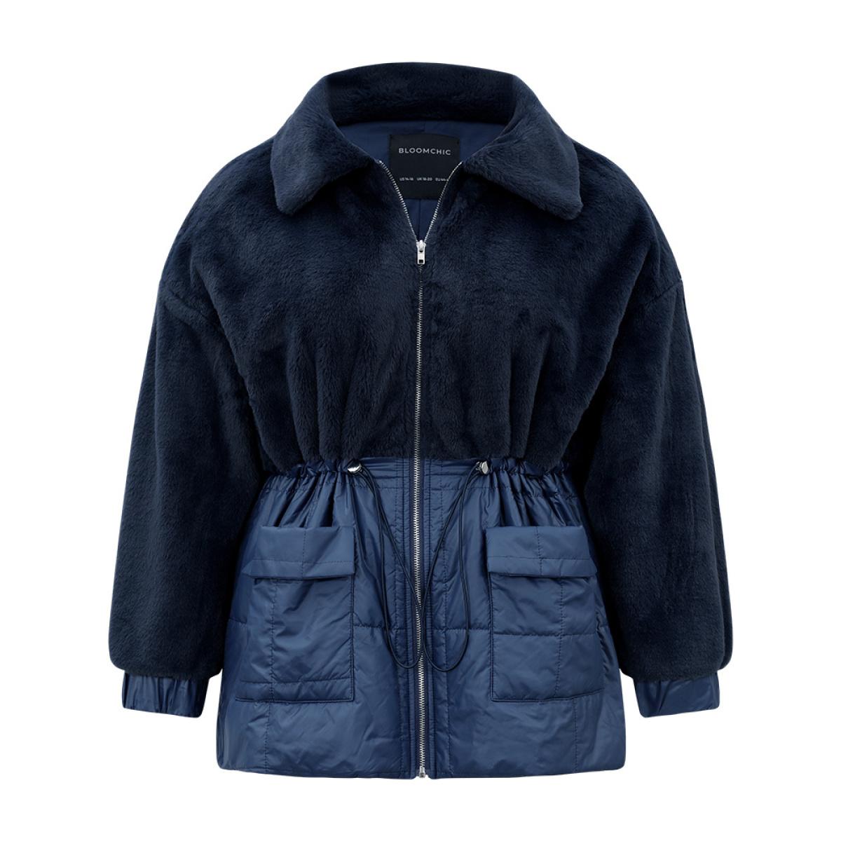 Plus Size Fuzzy Patchwork Zipper Drawstring Coat Women Indigo Casual Plain Ladies Dailywear Winter Coats BloomChic 14-16/1X Product Image