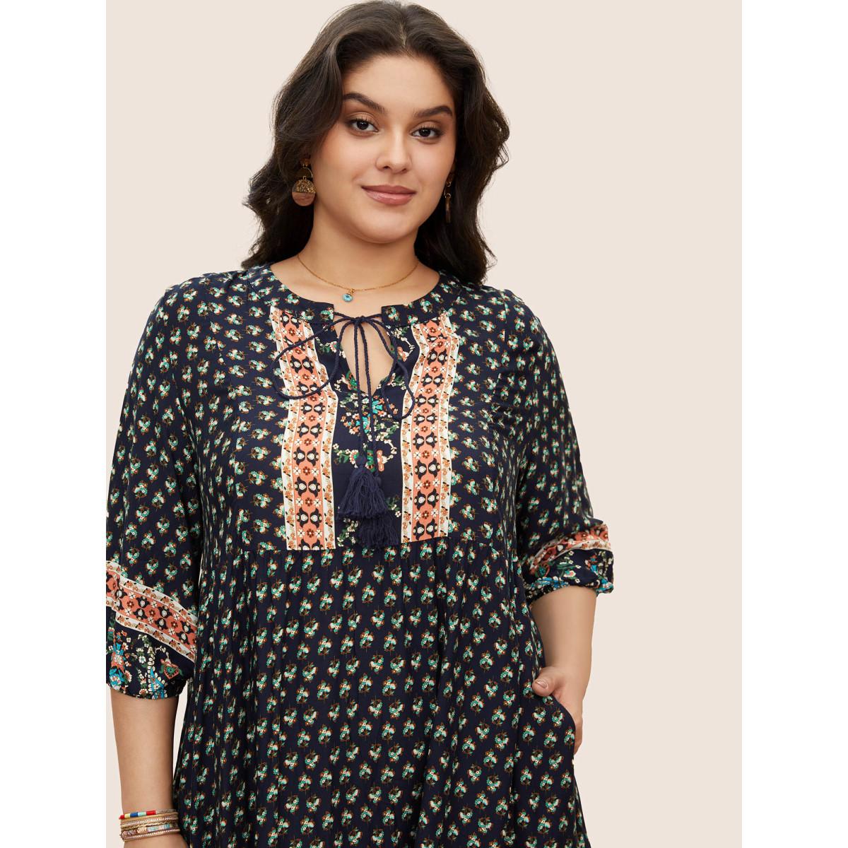 Plus Size Bandana Tassels Lantern Sleeve Ruffle Pocket Keyhole Neck Dress Indigo Women Resort V-neck Elbow-length sleeve Curvy Midi Dress BloomChic 14-16/1X Product Image