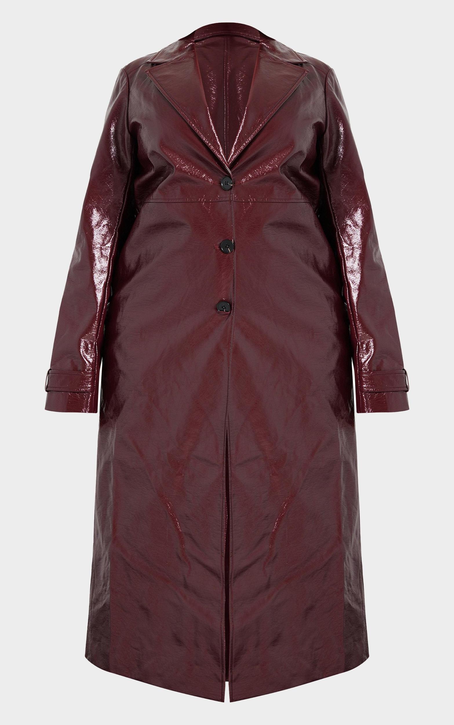 Plus Wine High Shine Textured Faux Leather Maxi Coat Product Image