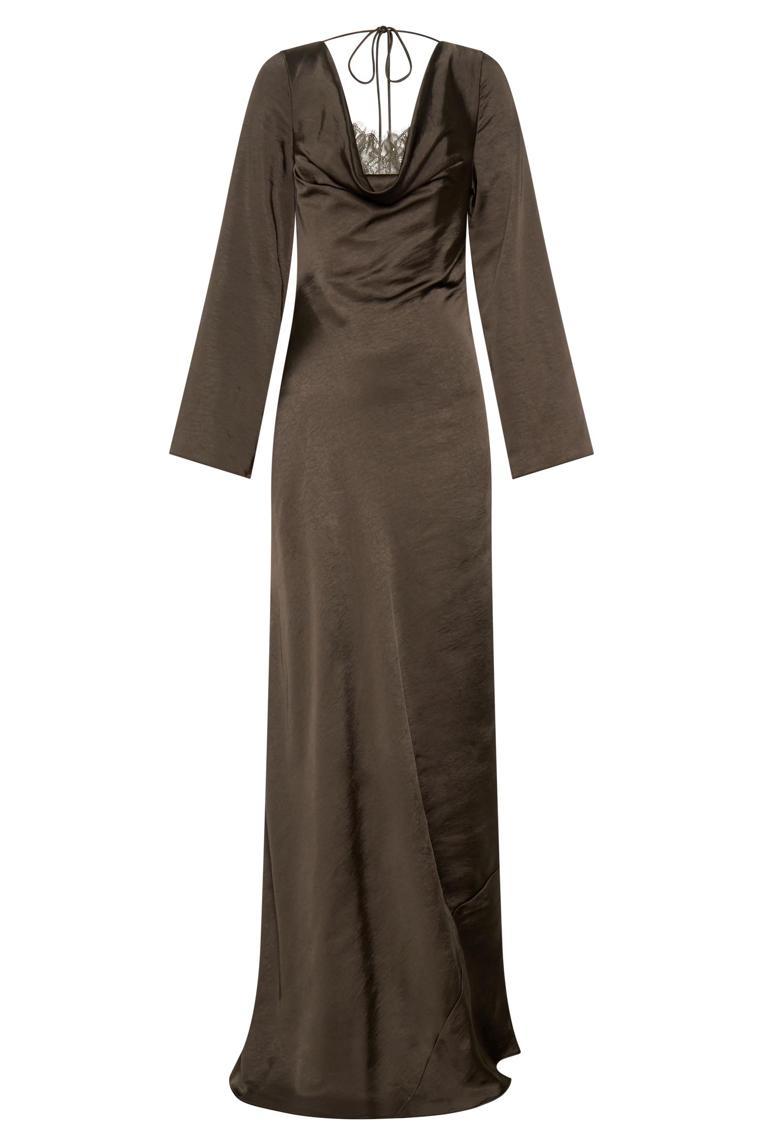 Eliza Long Sleeve Cowl Lace And Satin Maxi Dress - Mocha Product Image