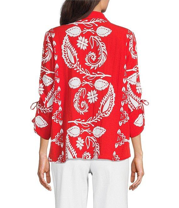 Tru Luxe Jeans Placed Print Point Collar 3/4 Ruched Sleeve Button Front Tunic Product Image