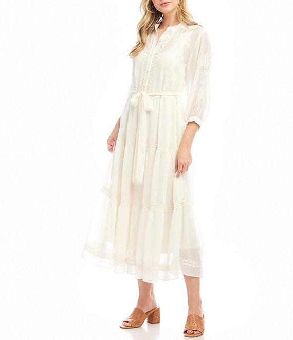 Karen Kane Embroidered Crew Neck 3/4 Bishop Cuffed Sleeve Belted Tiered Midi Shirtdress Product Image