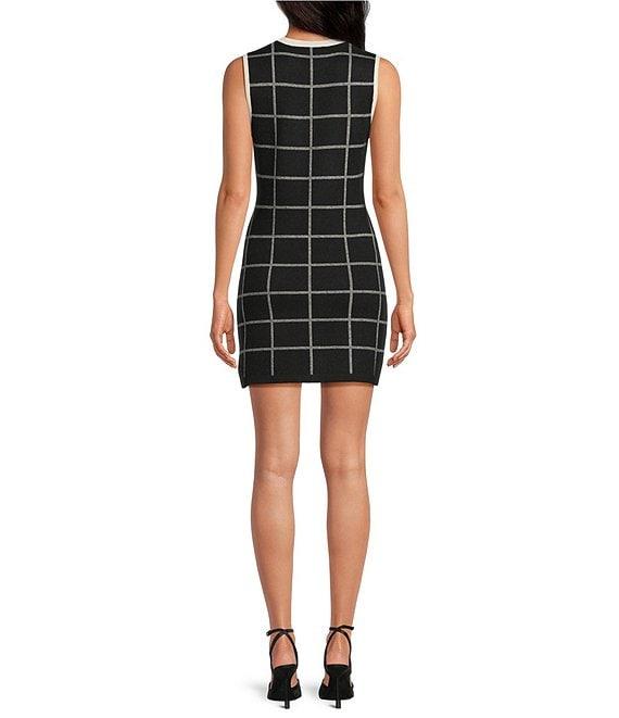 French Connection Stretch Knit Checked Print Crew Neck Sleeveless Mini Dress Product Image