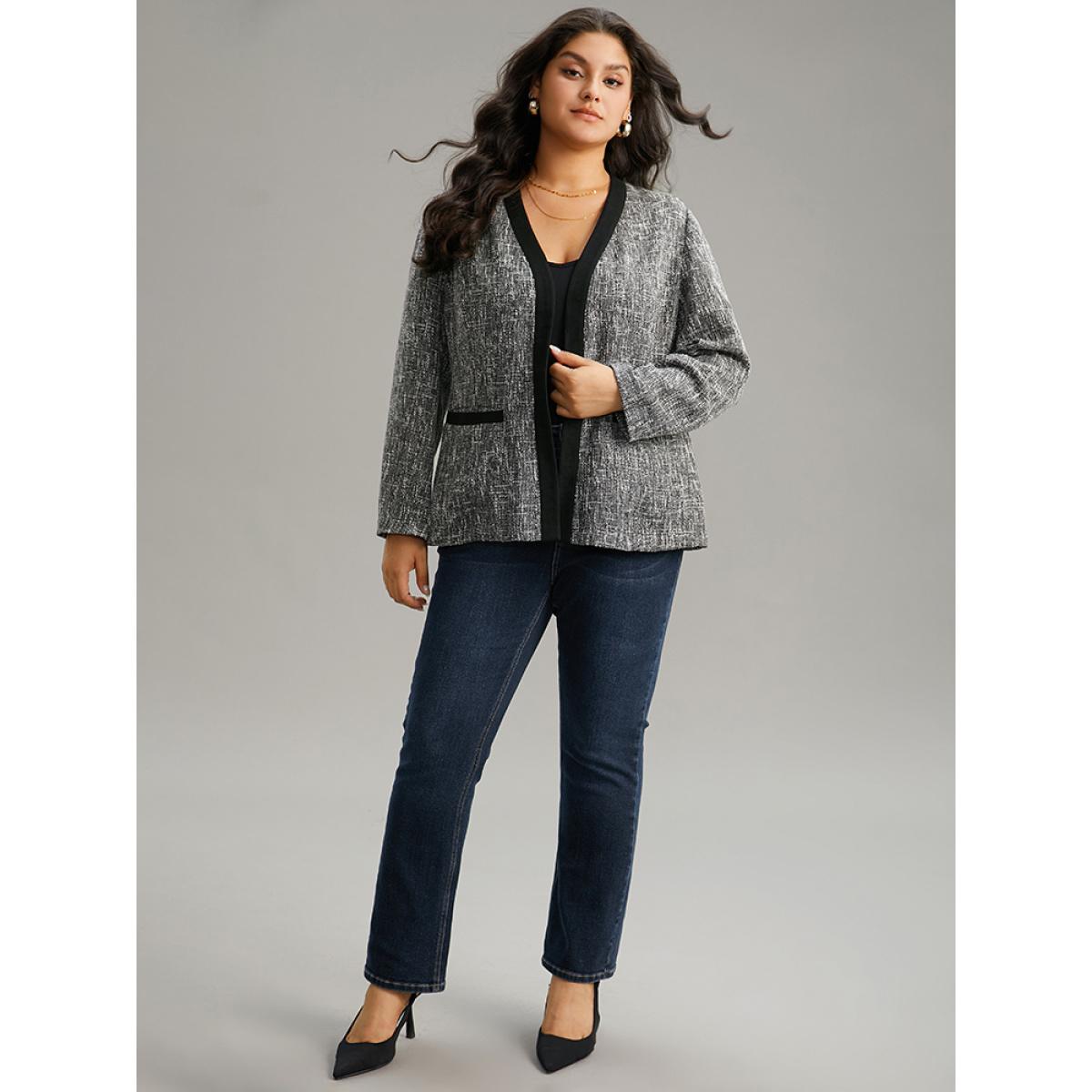 Plus Size Tweed Contrast Trim Pocket Tweed Blazer Gray Women Dailywear Plain Contrast Sleeve Long Sleeve Open Front 18-20/2X Pocket Casual Blazers BloomChic Product Image
