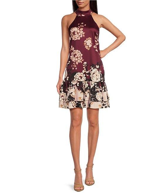 Belle by Badgley Mischka Odette Floral Print Knit Halter Neck Sleeveless Tiered Ruffle Shift Mini Dress Product Image