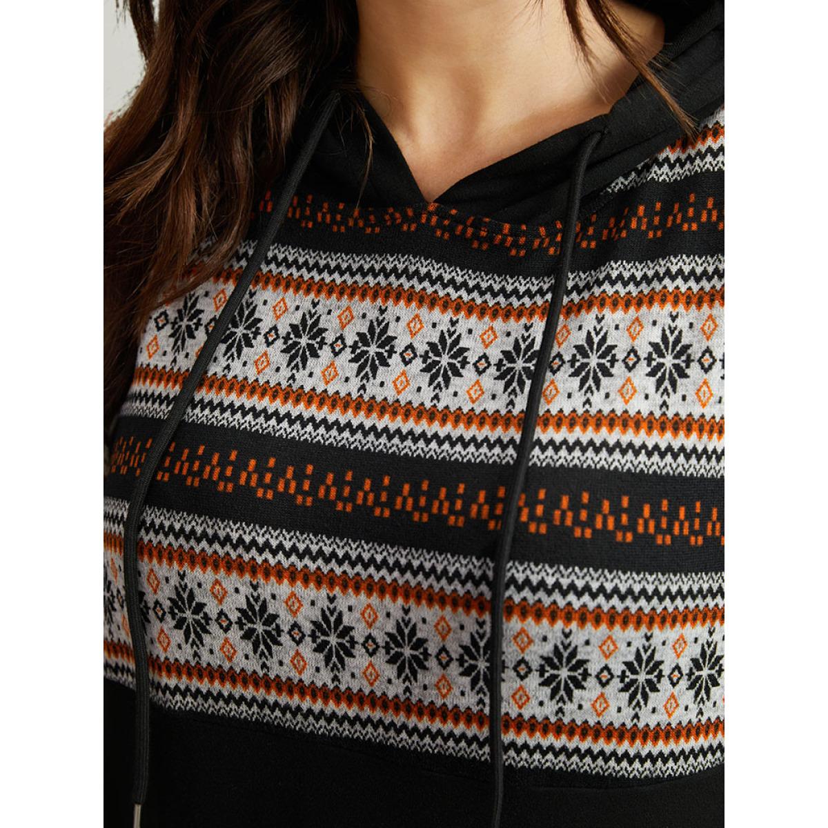 Plus Size Patchwork Contrast Pocket Hooded Drawstring Sweatshirt Women Black Casual Contrast Hooded Festival-Christmas Sweatshirts BloomChic 10/M Product Image