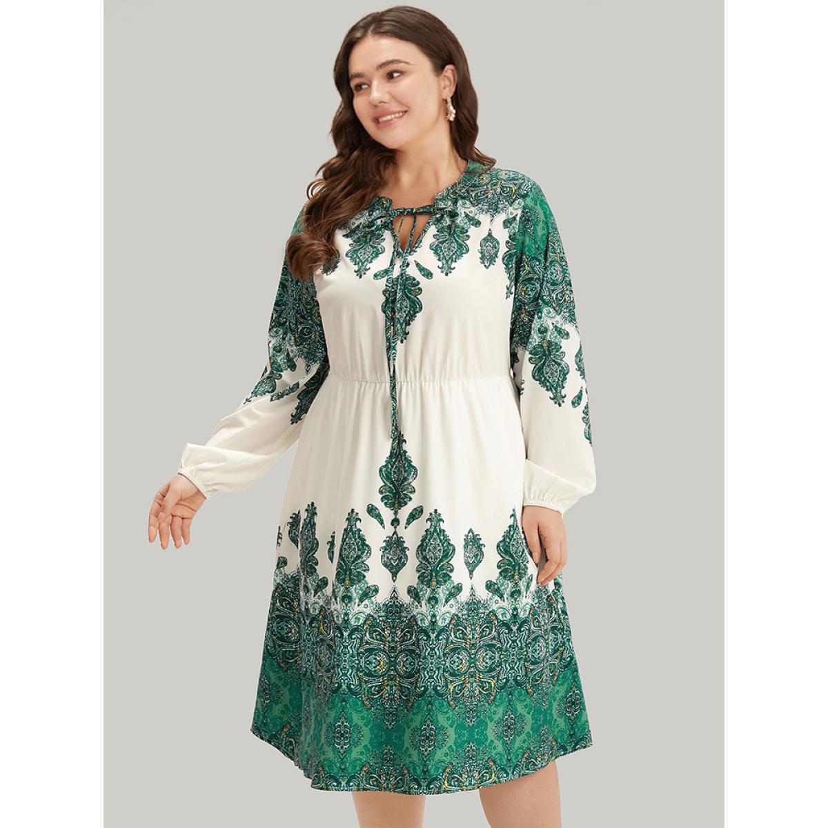 Plus Size Bandana Print Tie Neck Lantern Sleeve Dress Green Women Vacation Elastic cuffs Notched collar Long Sleeve Curvy Midi Dress BloomChic 30/6X Product Image
