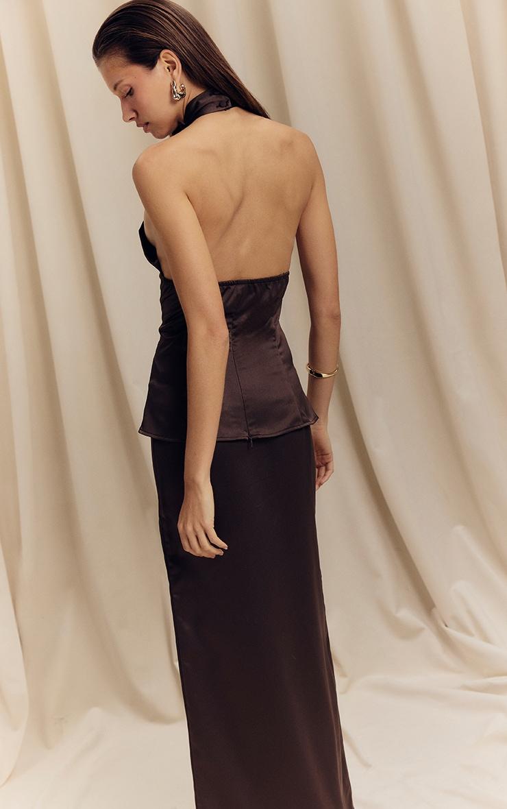 Dark Taupe Satin Twist Halterneck Top Product Image