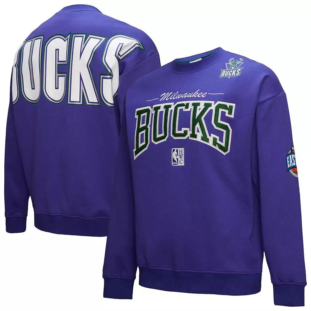 Men's Mitchell & Ness Purple Milwaukee Bucks Hardwood Classics There & Back 2.0 Vintage Pullover Sweatshirt,  Product Image