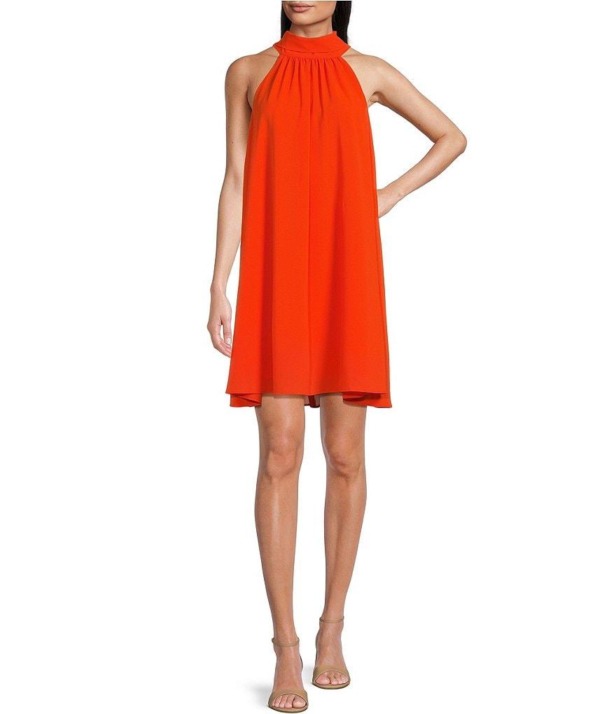 Belle by Badgley Mischka Elise Georgette Turtleneck Sleeveless Back Tie Waistless Trapeze Mini Dress Product Image