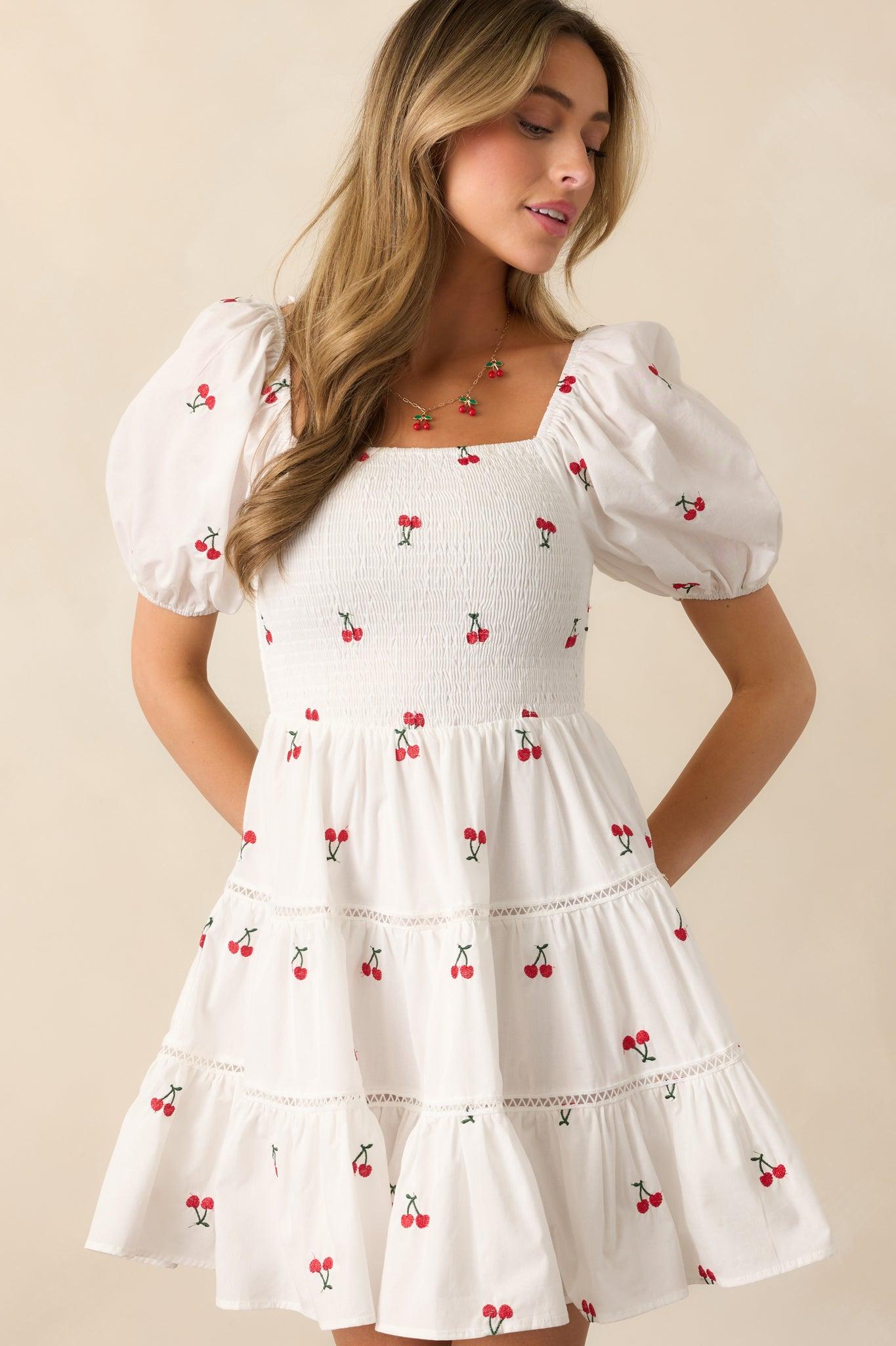 Spending Time White Cotton Cherry Embroidered Mini Dress Product Image