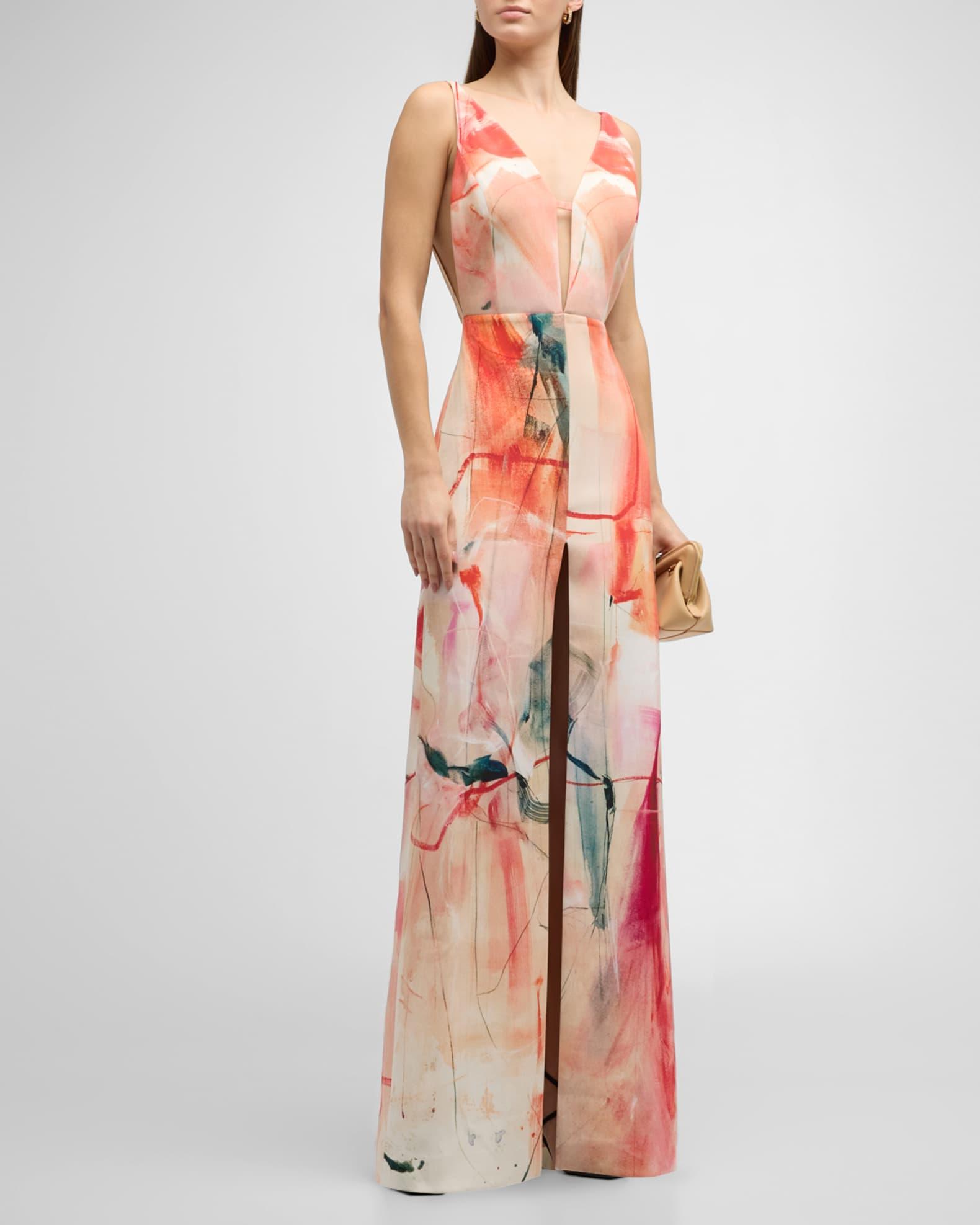 Plunging Abstract-Print Backless Silk Crepe Gown Product Image