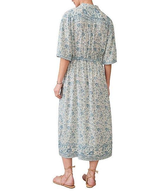 Faherty Island Woven Floral Print V-Neck Camp Collar Short Sleeve A-Line Midi Dress Product Image