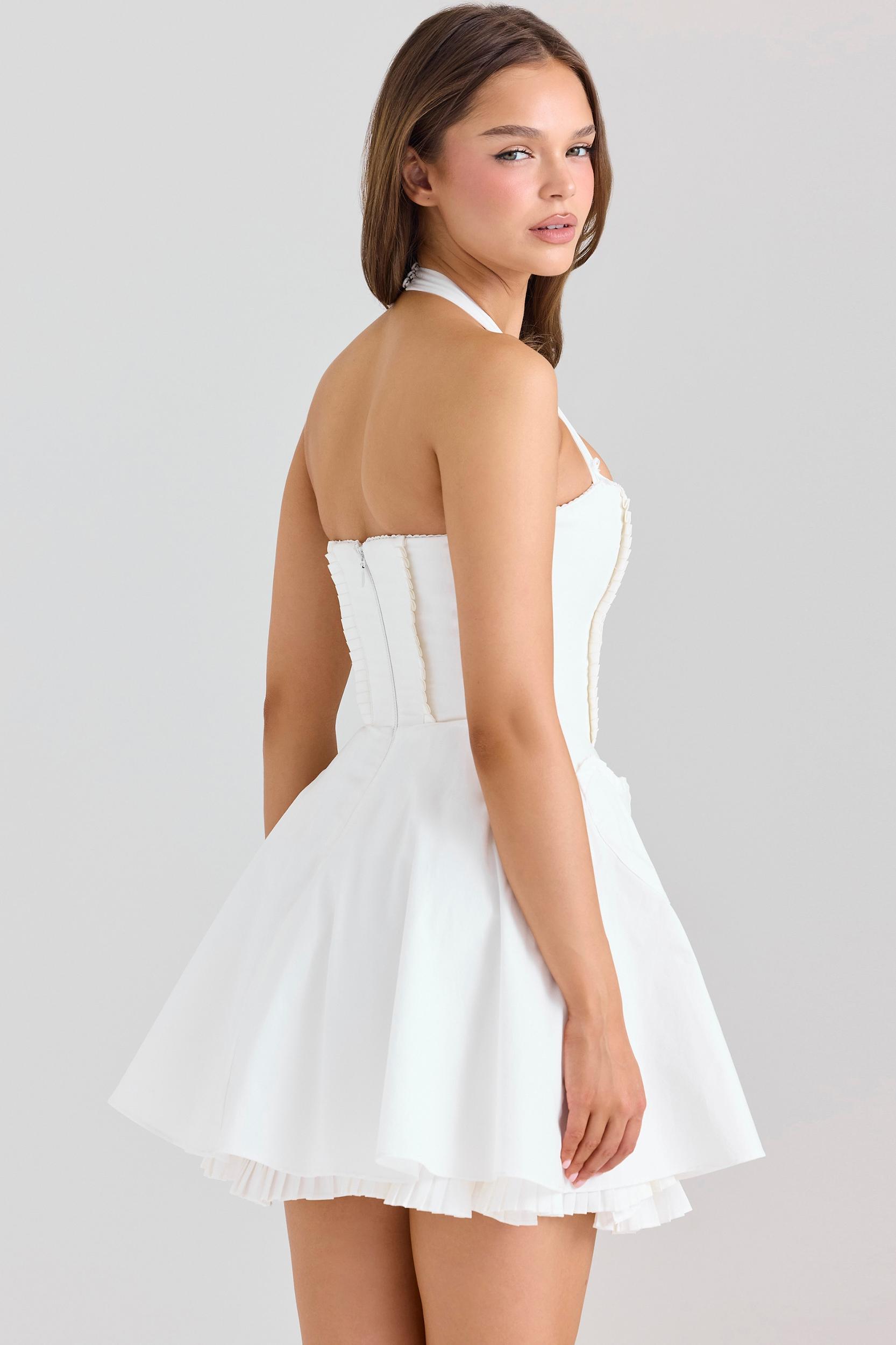 Heidi  white stretch cotton halter neck mini dress Product Image