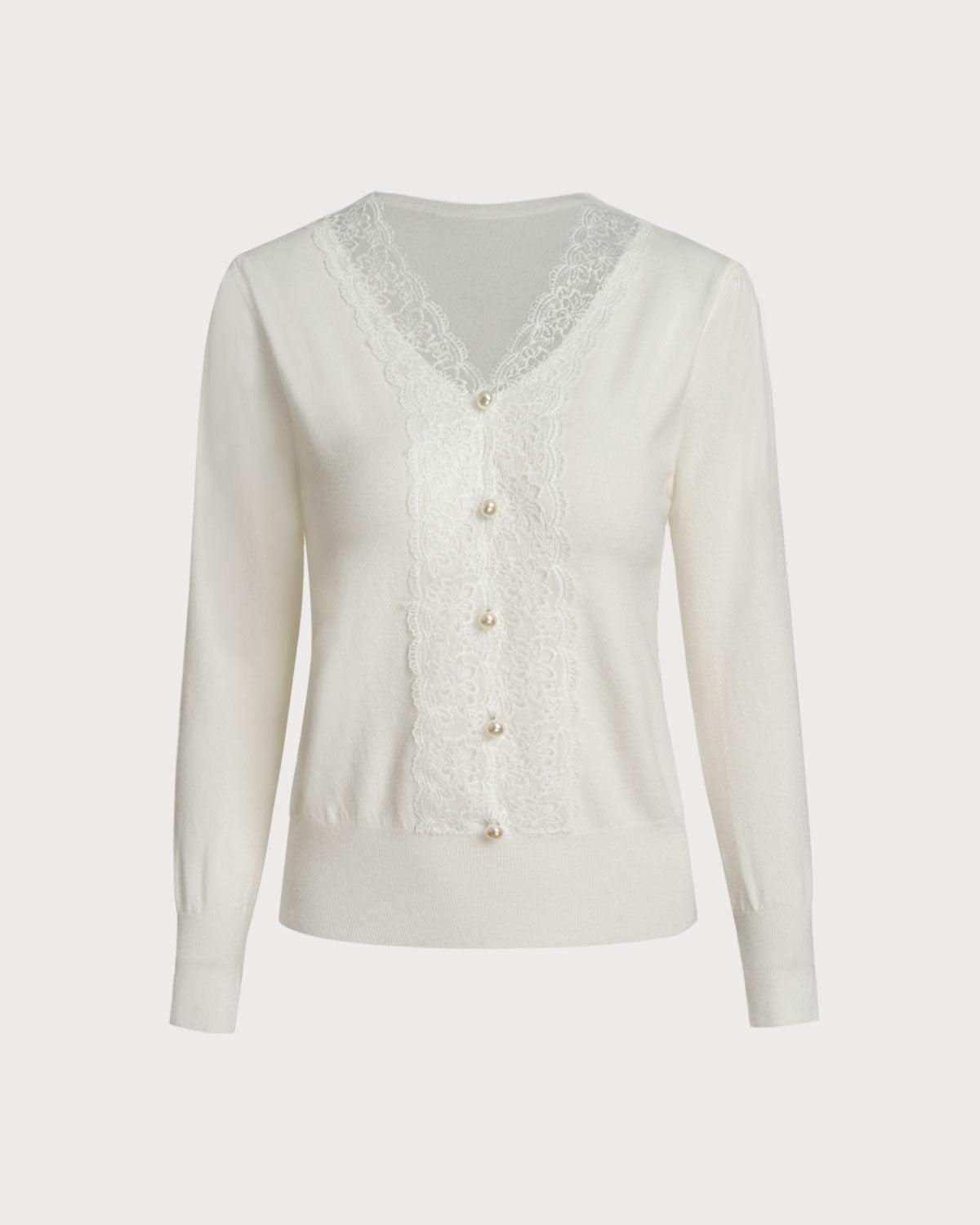 White V Neck Pearl Button Sweater Product Image