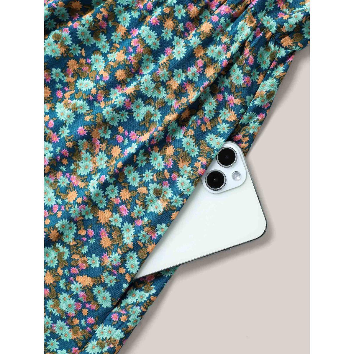 Plus Size Ditsy Floral Print Neck Ribbon Midi Dress Aegean Women Heart neckline Sleeveless Curvy BloomChic 28/5X Product Image