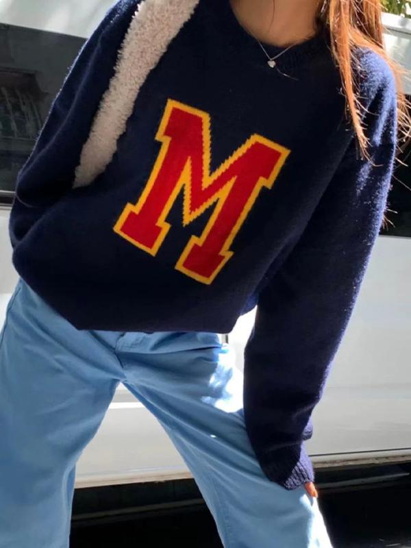 Contrast Color Letter Jacquard Knit Sweater Product Image