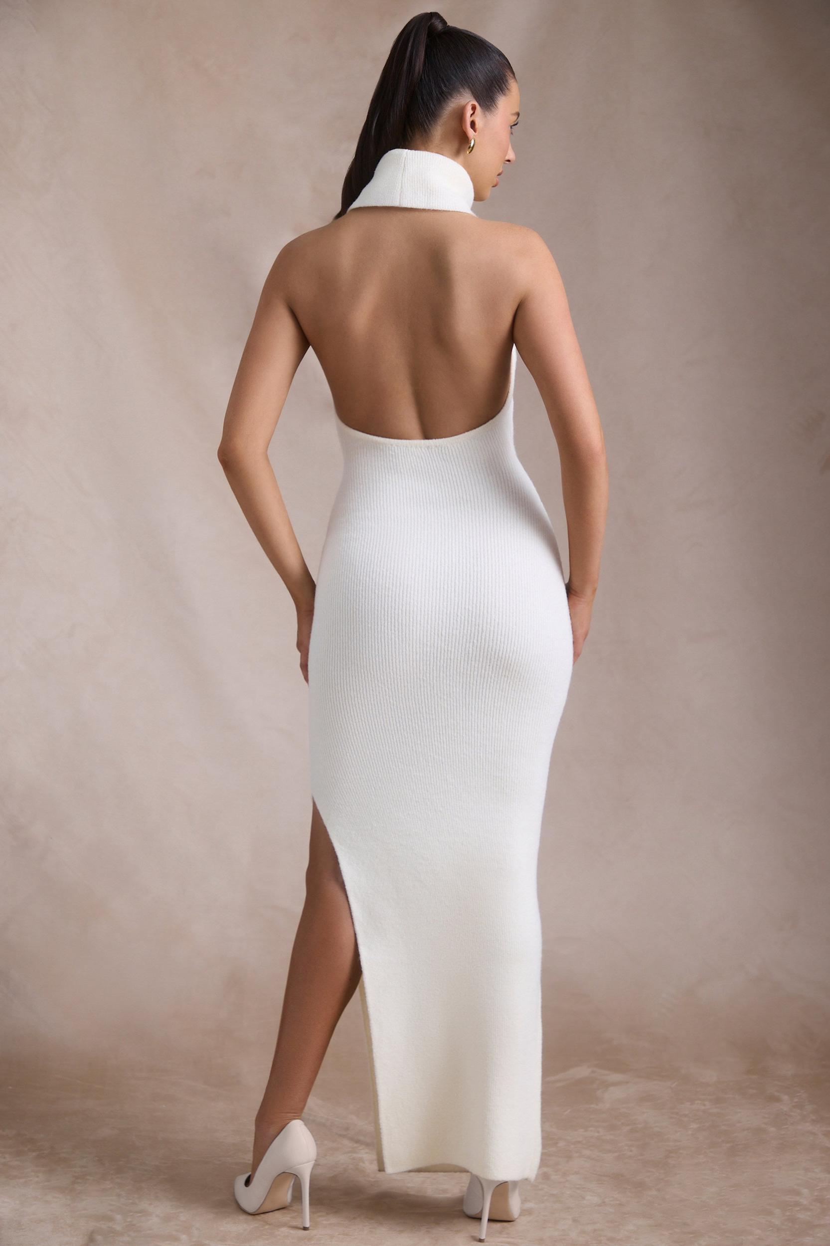 Ribbed-Knit Turtleneck Backless Maxi Dress in Ivory Product Image