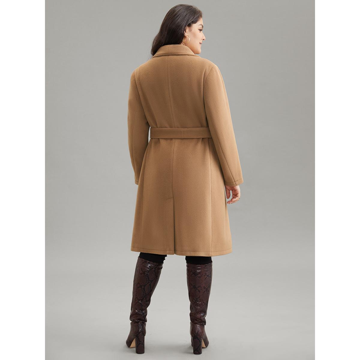 Plus Size Double Breasted Plain Belted Pocket Lapel Collar Coat Women Tan Casual Lined Ladies Dailywear Winter Coats BloomChic 28/5X Product Image