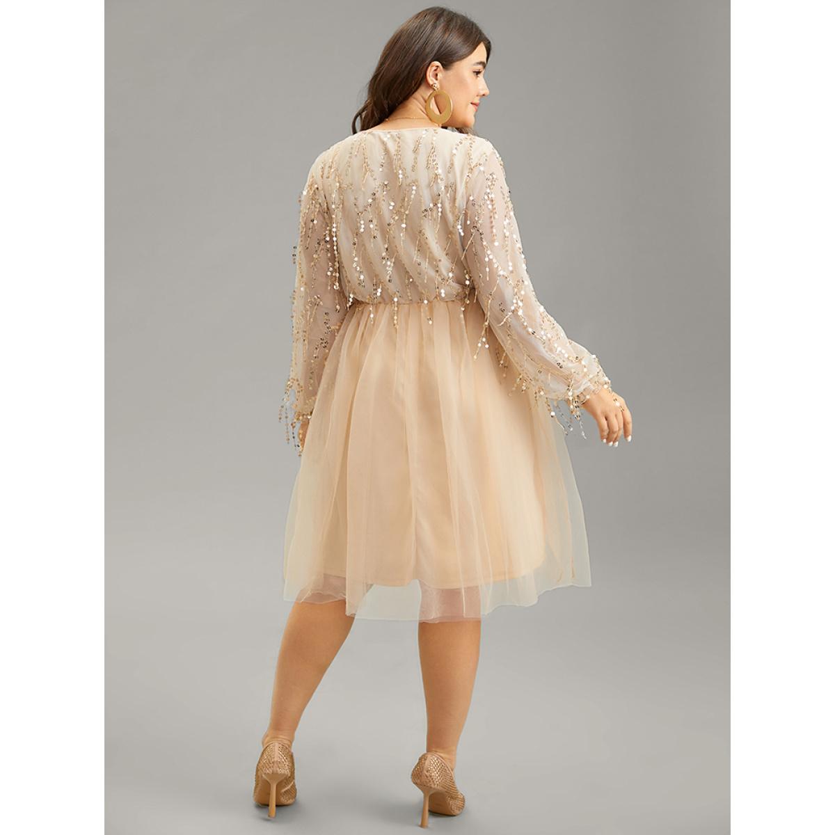 Plus Size Sequin Mesh Patchwork Tassel Dress Apricot Women Cocktail Gathered Overlap Collar Long Sleeve Curvy Knee Dress BloomChic 18-20/2X Product Image