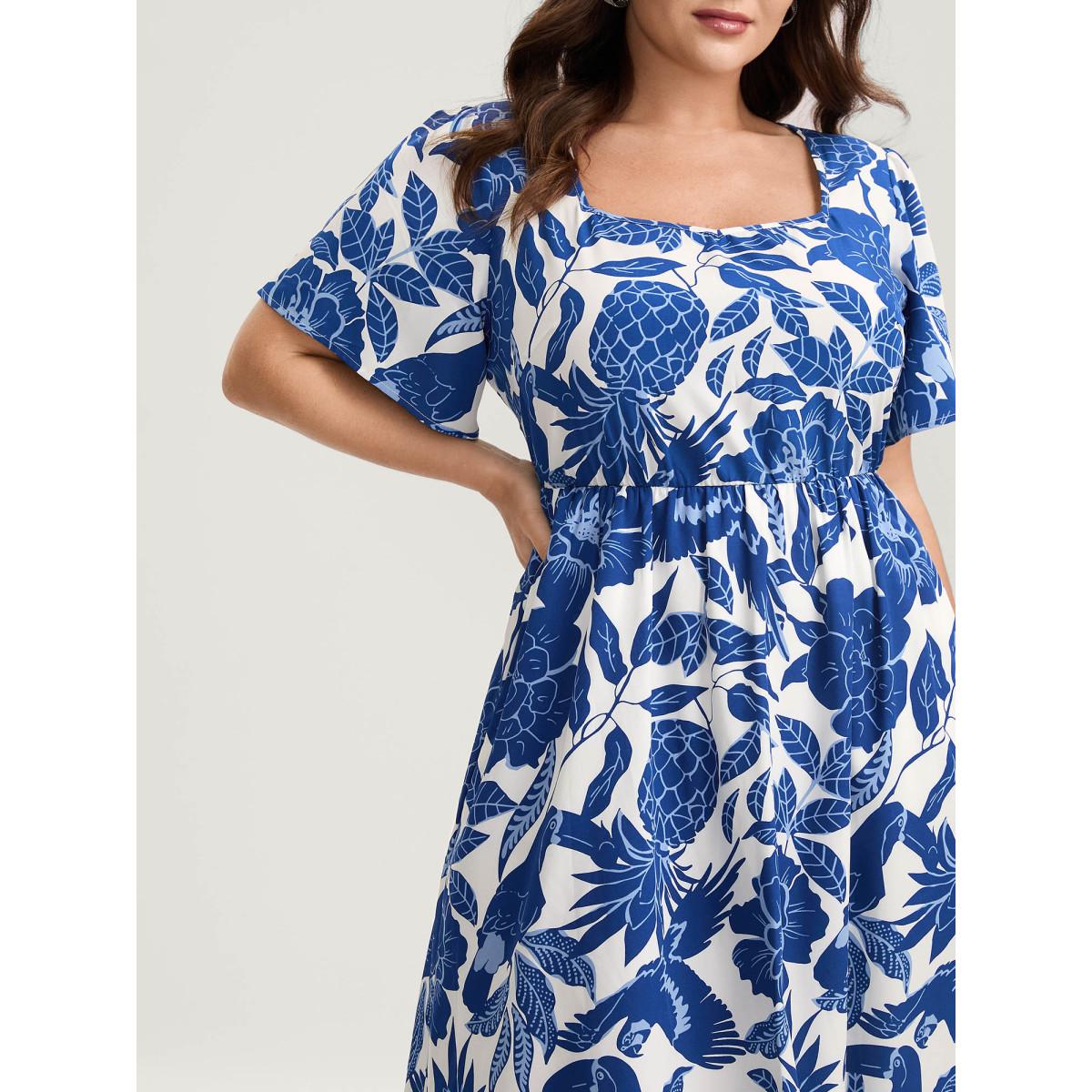 Plus Size Large Floral Print Pockets Midi Dress DarkBlue Women Heart neckline Short sleeve Curvy BloomChic 22-24/3X Product Image