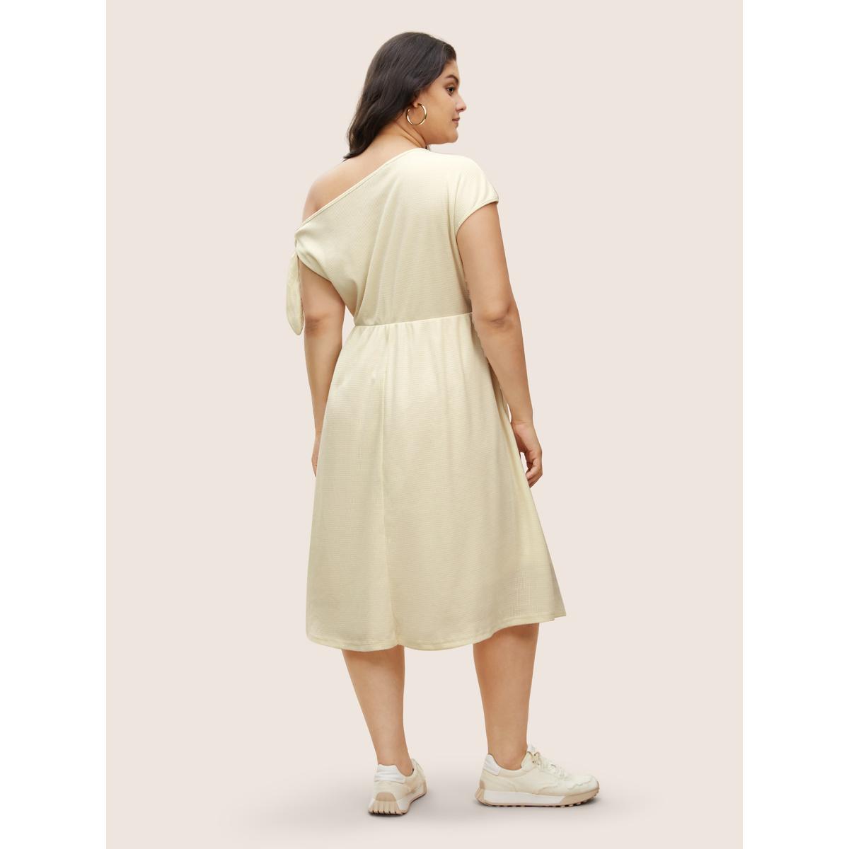 Plus Size Asymmetrical Neck Waffle Knit Tie Knot Dress Ivory Women Casual Tie knot Asymmetrical Neck Cap Sleeve Curvy Midi Dress BloomChic 12/L Product Image