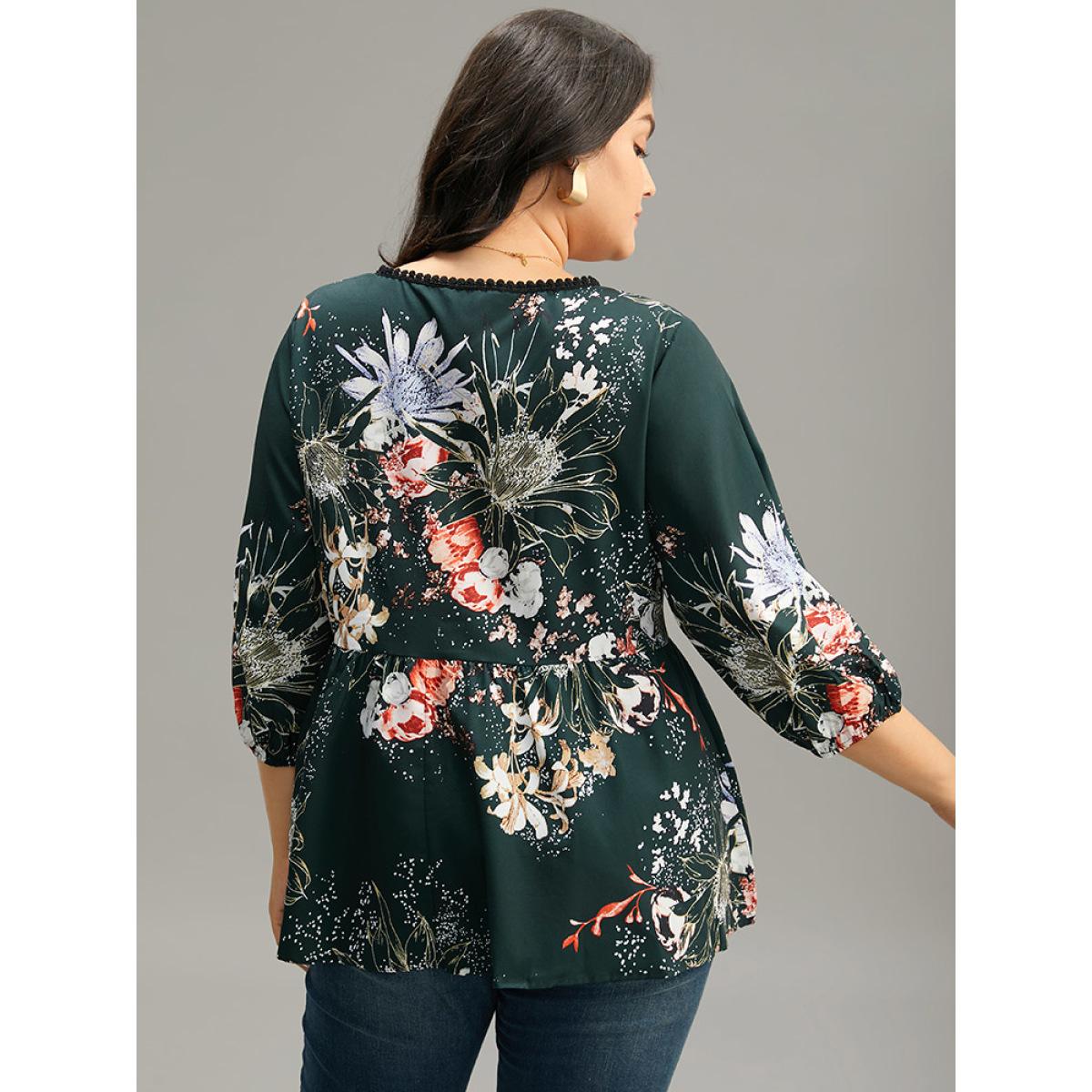 Plus Size DarkGreen Floral Print Knot Neck Pompom Trim Gathered Blouse Women Elegant Elbow-length sleeve Tie Neck Everyday Blouses BloomChic 12/L Product Image