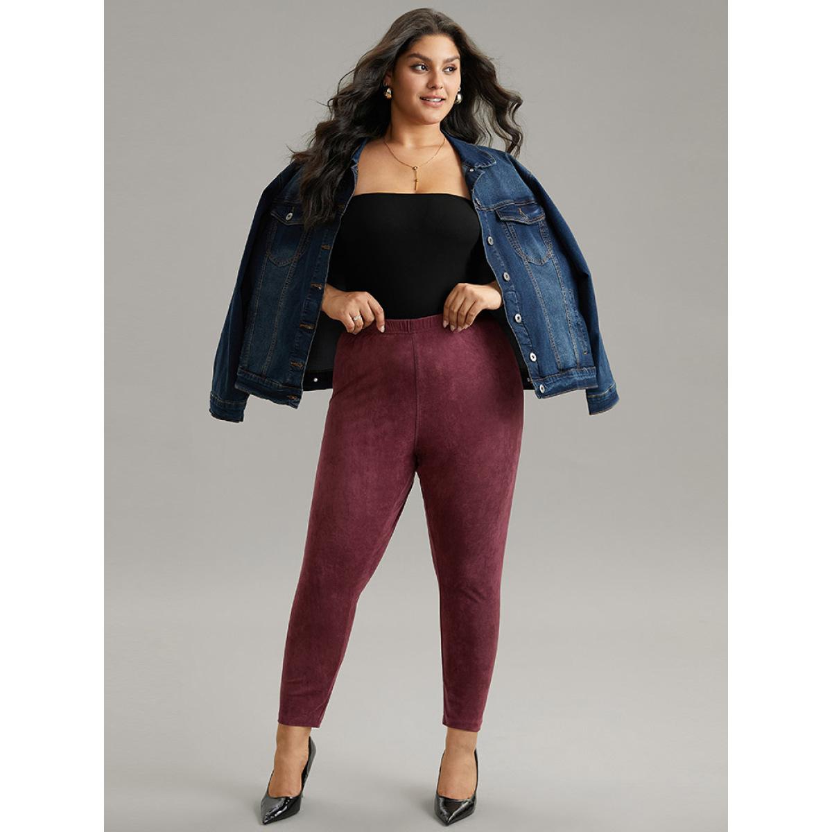 Plus Size Solid Elastic Waist Texture Very Stretchy Leggings Women Burgundy Elegant High stretch Skinny High Rise Dailywear Leggings BloomChic 10/M Product Image