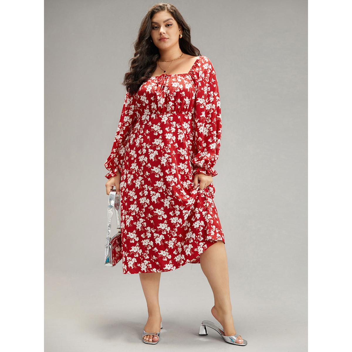 Plus Size Silhouette Floral Print Ties Lantern Sleeve Dress Crimson Women Elegant Gathered Square Neck Long Sleeve Curvy Midi Dress BloomChic 12/L Product Image