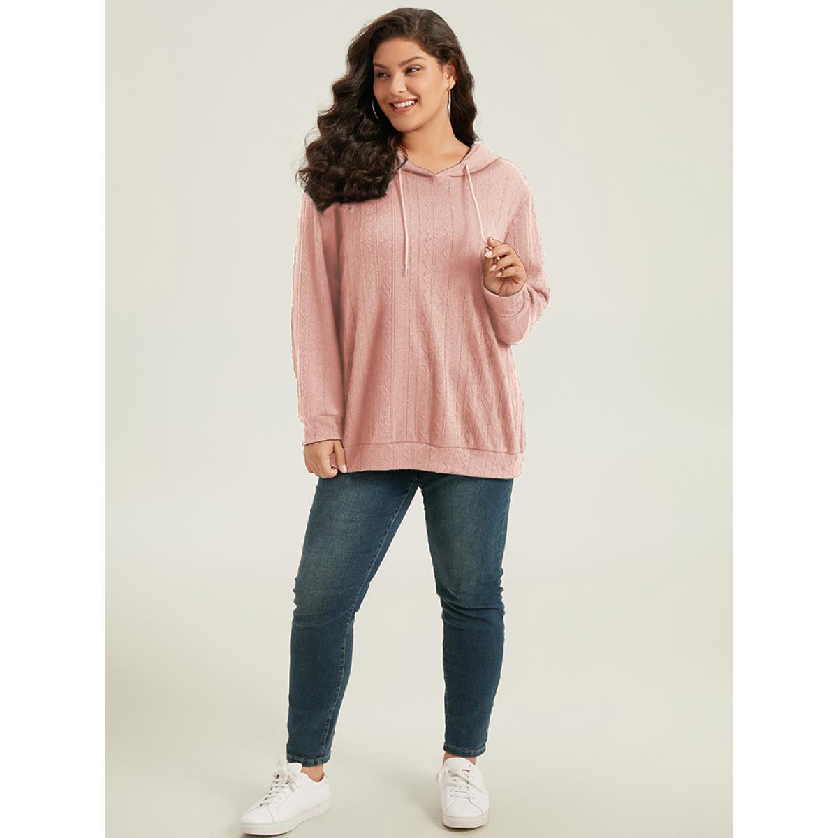 Plus Size Plain Textured Hooded Drawstring Sweatshirt Women Pink Casual Elastic cuffs Hooded Everyday Sweatshirts BloomChic 26/4X Product Image