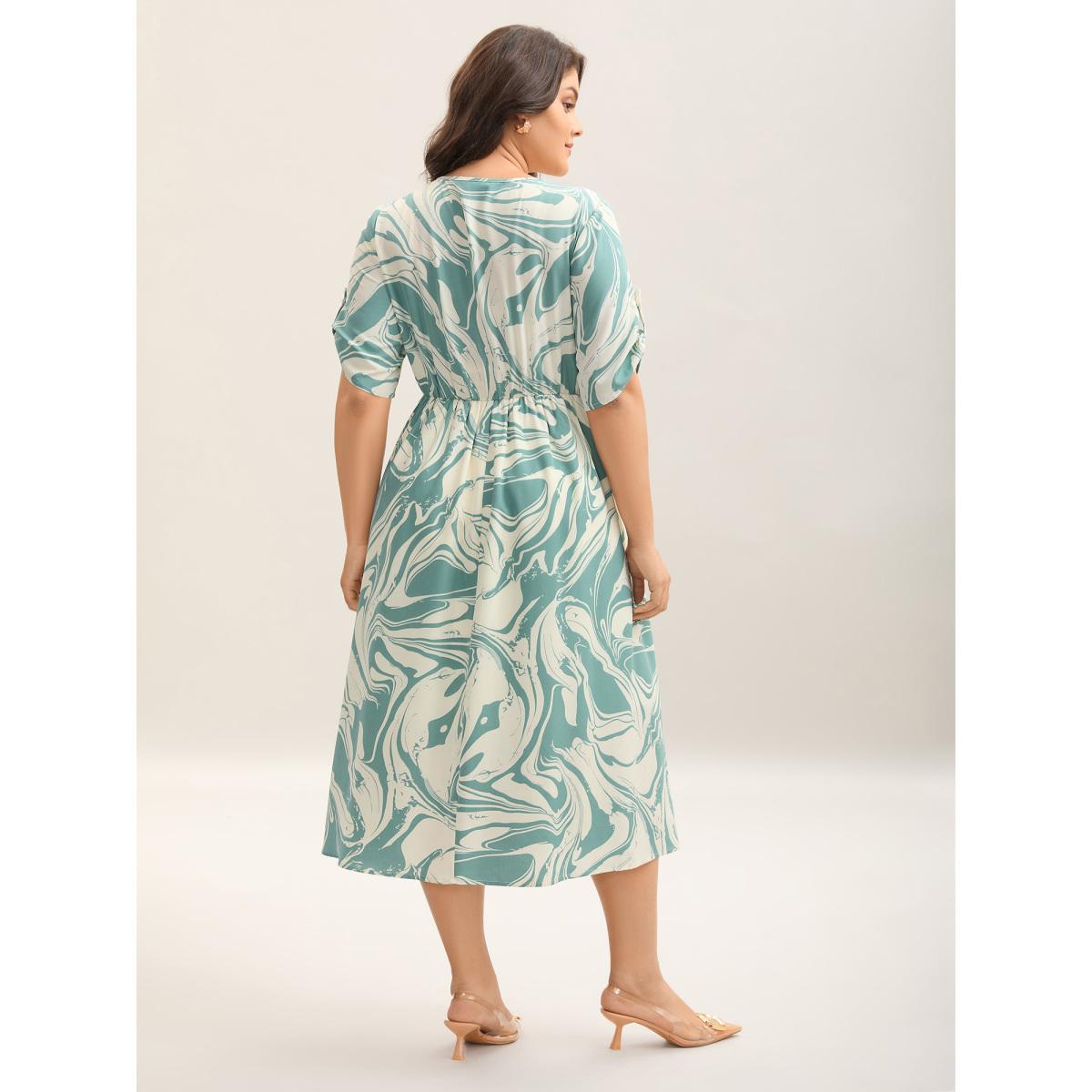 Plus Size Abstract Print Gathered Sleeve Midi Dress Mint Women Overlap Collar Short sleeve Curvy BloomChic 26/4X Product Image