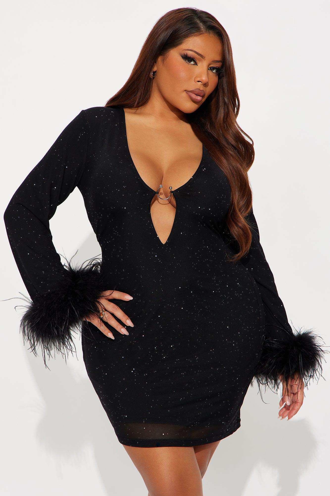 Gwen Feather Glitter Mesh Mini Dress - Black Female Product Image