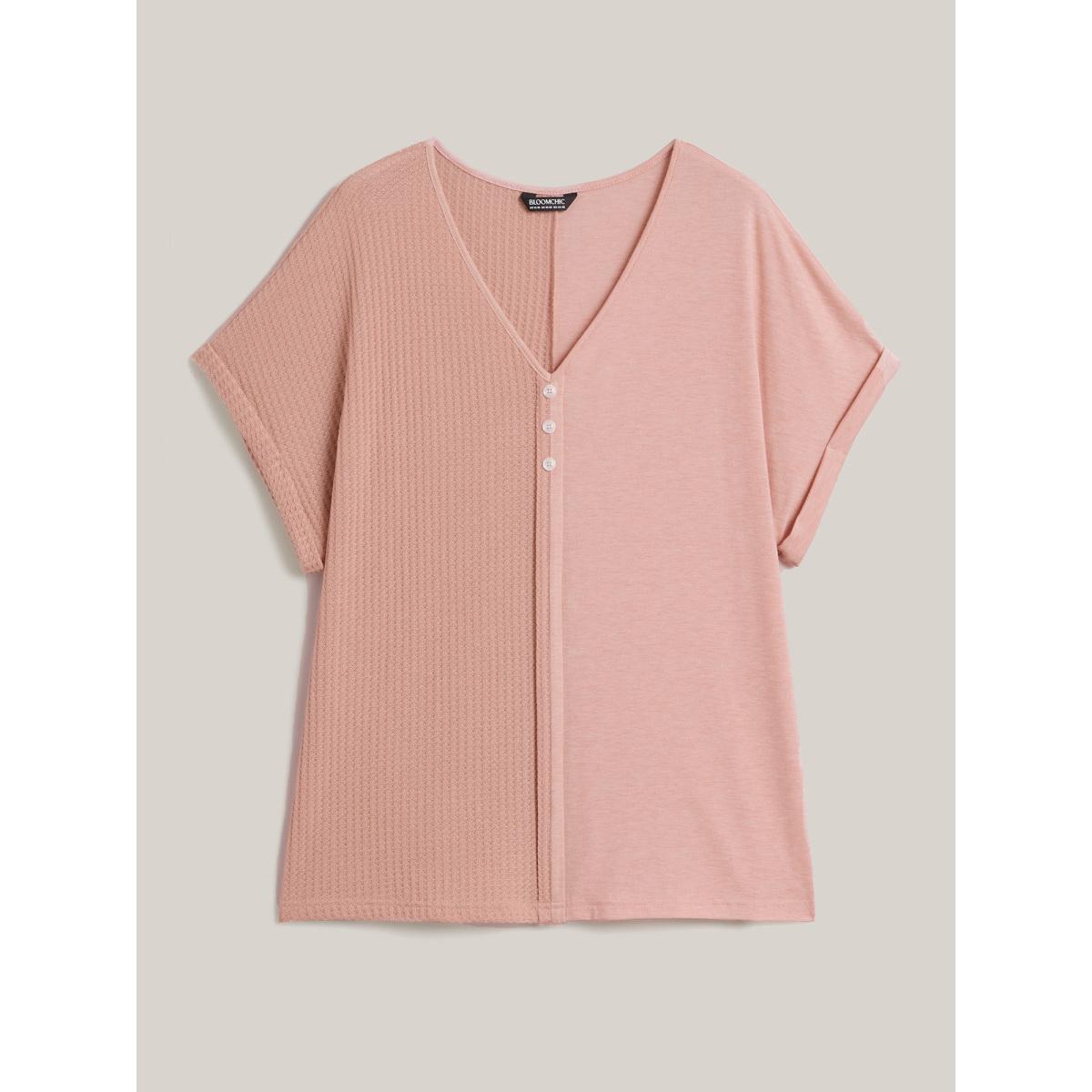 Plus Size Textured Button Detail Spliced T-Shirt Nudepink Women Texture V-neck Everyday-Casual T-shirts BloomChic 12/L Product Image
