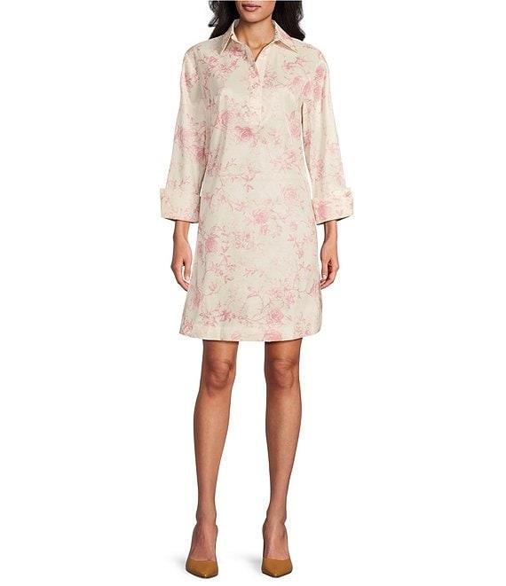 Preston & York Thea Rose Print Taffeta 3/4 Sleeve Point Collar Dress Product Image