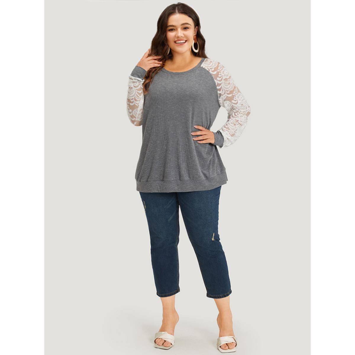 Plus Size Lace Panel Raglan Sleeve Elastic Cuffs Sweatshirt Women Gray Elegant Elastic cuffs Round Neck Dailywear Sweatshirts BloomChic 22-24/3X Product Image