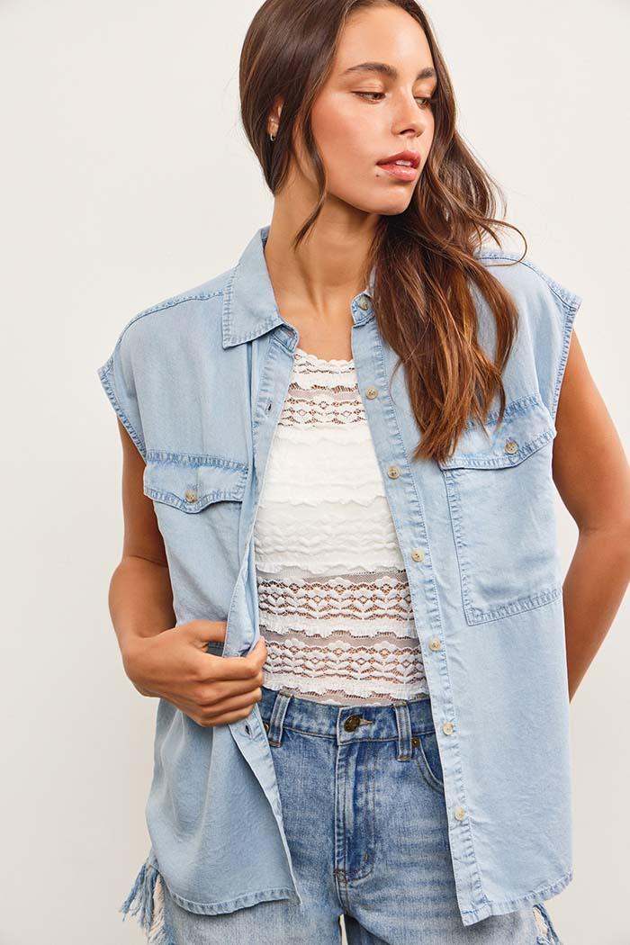 Cap Sleeve Button Up Denim Shirt Top Product Image