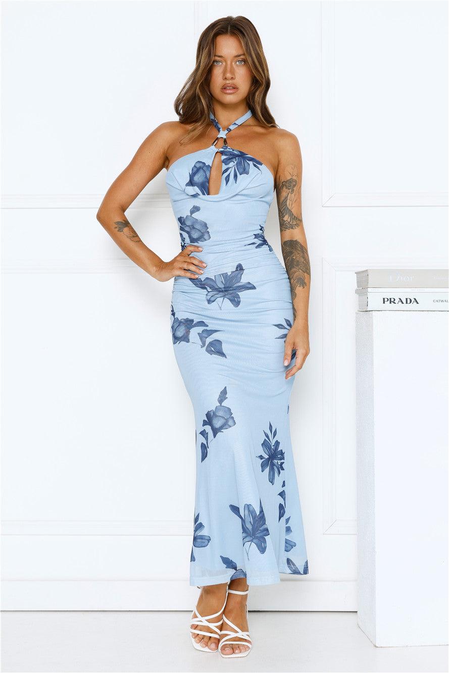 Petal Dusk Mesh Halter Maxi Dress Blue Product Image