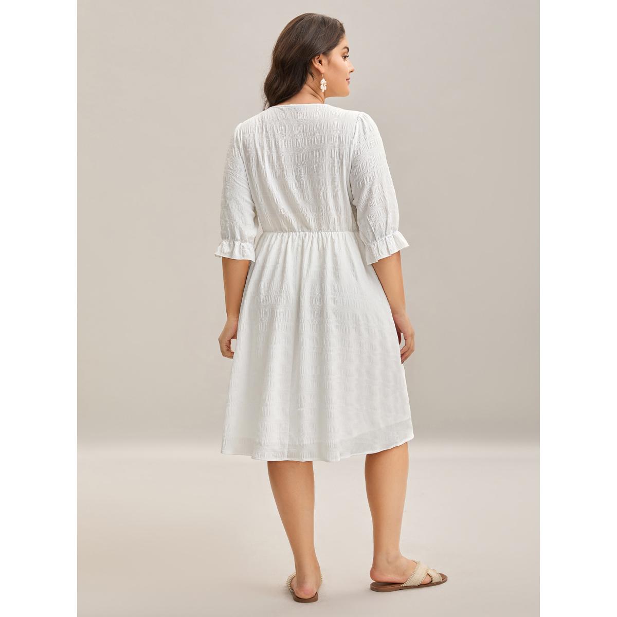 Plus Size Textured Lace Waist-Tie Midi Dress WhiteSmoke Women Tie knot Overlap Collar Elbow-length sleeve Curvy BloomChic 12/L Product Image