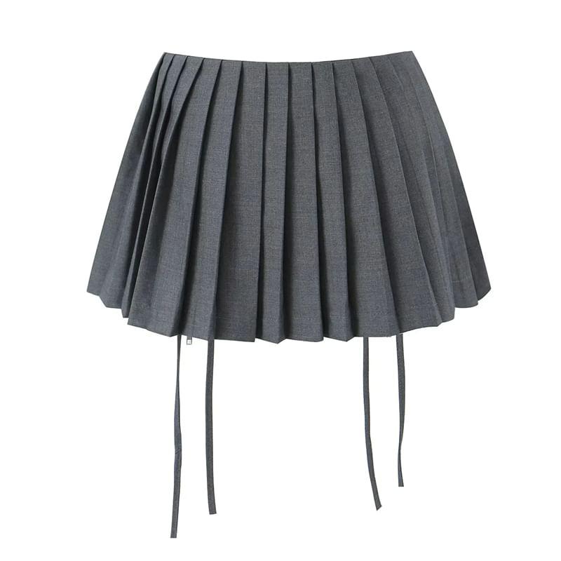 Low Waist Plain Pleated Drawstring Mini A-Line Skirt Product Image
