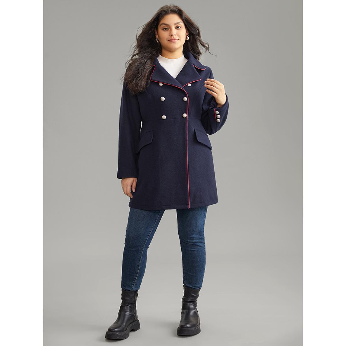 Plus Size Contrast Trim Buckle Detail Flap Pocket Lapel Collar Coat Women Indigo Casual Lined Ladies Dailywear Winter Coats BloomChic 30/6X Product Image