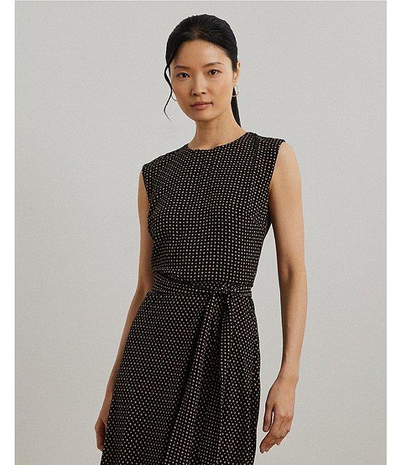 Lauren Ralph Lauren Petite Size Geometric Crepe Crew Neck Cap Sleeves Belted A-Line Dress Product Image