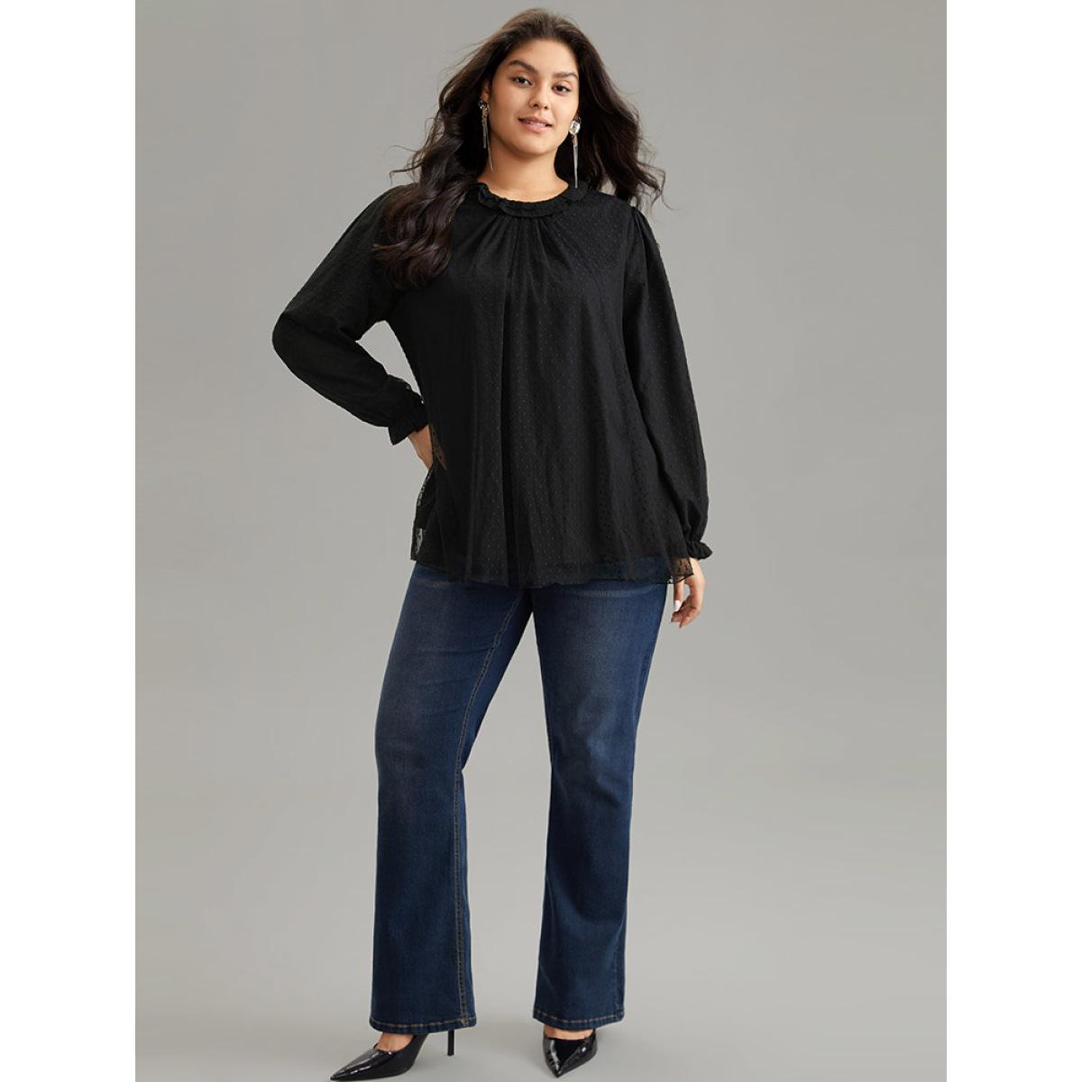 Plus Size Black Solid Ruffles Lace Patchwork Lantern Sleeve Blouse Women Glamour Long Sleeve Round Neck Going out Blouses BloomChic 14-16/1X Product Image